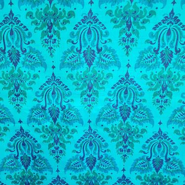 Vintage 1960's Silk Fabric / 70s Blue and Green Damask Fabric 