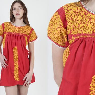 Vintage Oaxacan Bright Floral Dress / Heavy Hand Embroidered Mexican Dress / Womens Red Cotton Fiesta Micro Mini Dress 