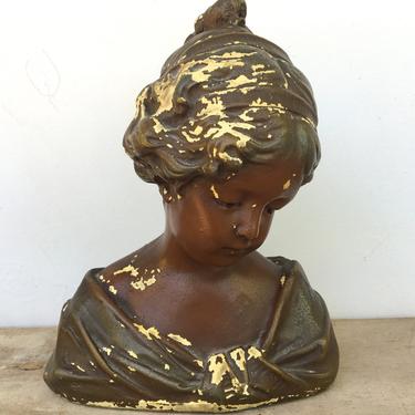 Vintage Girl Bust, Antique Bust 668, Girl Gazing Downward, Chalkware Bust, Chippy 