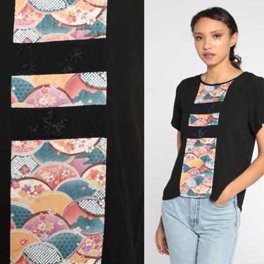 Black Floral Blouse 90s Asian Inspired Shirt Geometric Short Sleeve Top Boho 1990s Vintage Bohemian Loose Small S 