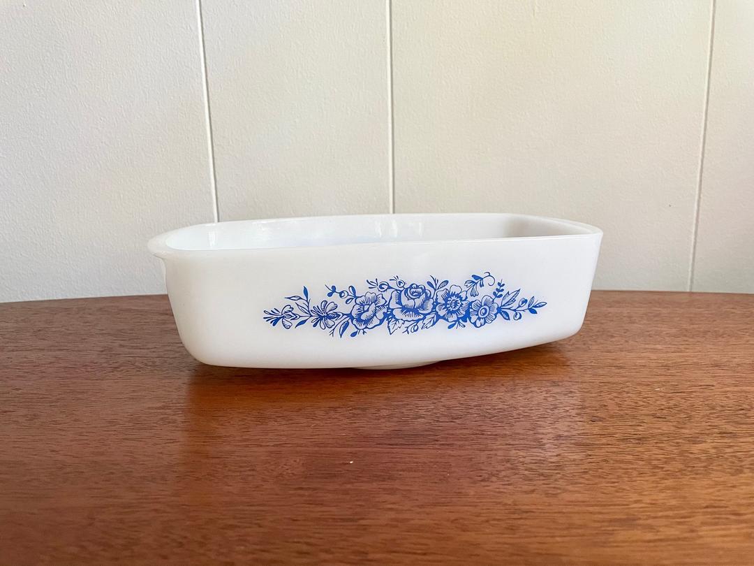 Vintage Federal Milk Glass Loaf Pan with Blue Rose Floral