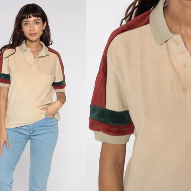 Terry Cloth Shirt 70s 80s Tan Polo Shirt Half Button Up 80s Polo Tshirt Striped T Shirt Collared Sleeve Geek Retro 1980s Medium 