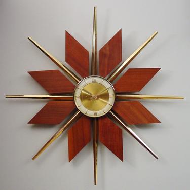Vintage Mid20C Teak Starburst Wall Clock