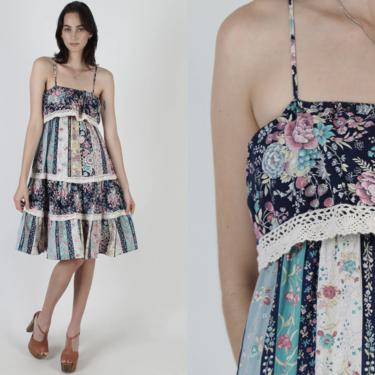 Vintage 70s Floral Fruit Garden Dress / Striped Country Romantic Pastel Dress / Womens Tiered Crochet Lace Lawn Mini Dress 