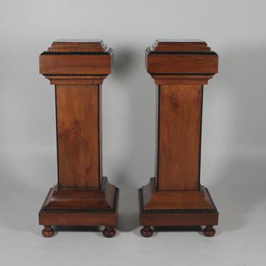 Mid-Century Pair Of Solid Walnut Wood Pedestals With Ebonized Highlights