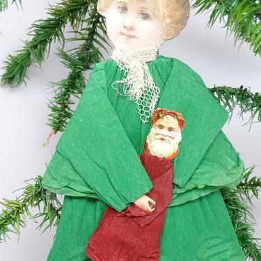 Antique Early 1900's 8 Inch Victorian Girl & Santa  Die Cut Christmas Scrap Ornament with Crepe Paper Dress 