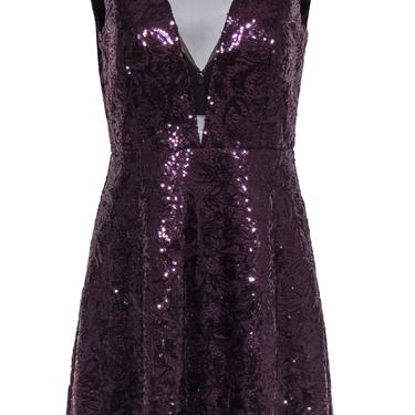 BCBG Max Azria - Deep Purple Sequined Paisley Fit & Flare Dress w/ Mesh Paneling Sz 8