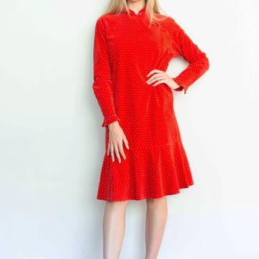 Vintage KENZO c 1981 Rare Red Polka Dot Cotton Velvet Dress with Ruffled Cheongsam Style Collar Baggy Oversized 