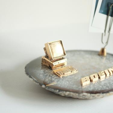 Oversized Brass Paperclip Photo holder Geode Base - Boeing retro computer 