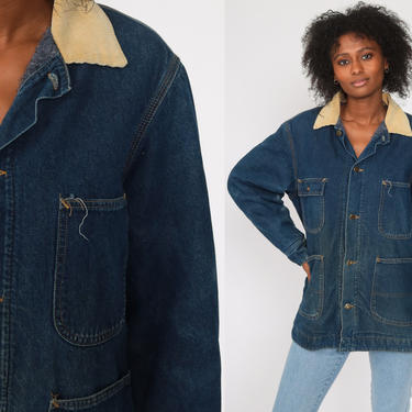 80s Denim Jacket Eddie Bauer Jean Jacket Corduroy Collar Barn