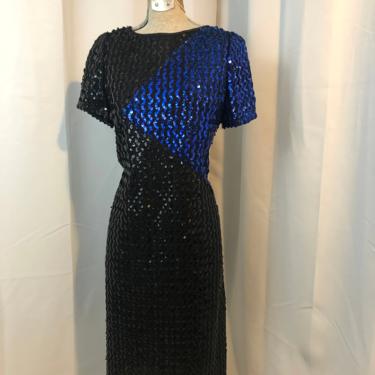 1980s vintage Color block sequined dress Blue Black New Wave M 
