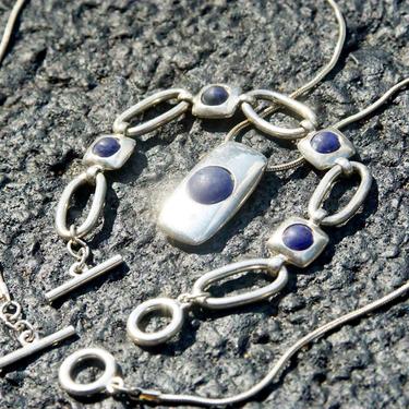 Vintage Modernist Silver Bracelet &amp; Pendant Necklace With Blue Stones, Funky Silver Link Bracelet, Matching Pendant On Long Silver Chain 