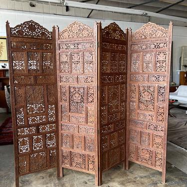 Mid Century Teak Carved Four-Panel Room Divider/Screen