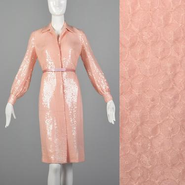 Small Bill Blass 1970s Dress Pink Sequin Dress 70s Bill Blass Long Sleeve Dress Pink Cocktail Dress Designer 
