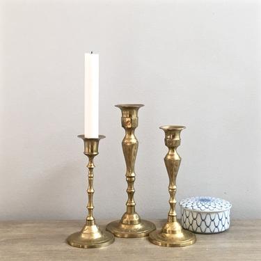 Indian Brass Candlestick Set of 3 Candle Holders Etched Design Global Bohemian Decor 