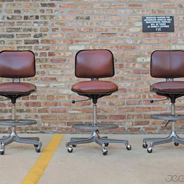 set of 3 matching reupholstered rolling stools, &quot;Eurochair&quot; designed by legendary Fritz Makiol for Girsberger 