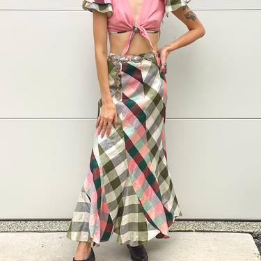 Pink &amp; Green Raw Silk Skirt Set