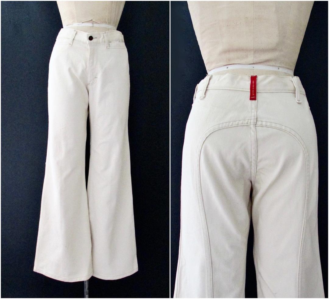 Women's Denim High Waisted White Lace Insets Wide Flare Bell Bottom Pants/vintage  70s Style/hippie/boho Pants. 