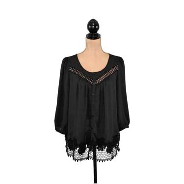 Black Chiffon Blouse Loose Fit Peasant Top Sheer Button Up Shirt 3/4 Sleeve Romantic Clothing Boho Goth Gothic Gathered Yoke Cutwork Lace 