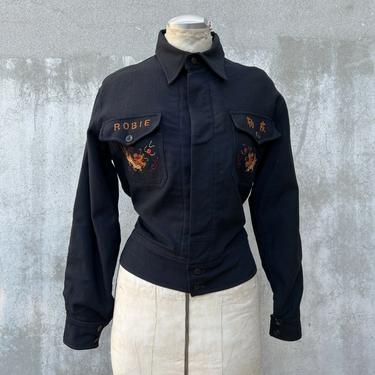 Vintage 1940s Souvenir Jacket Navy Blue Wool China WWII Embroidered Dragon Robie