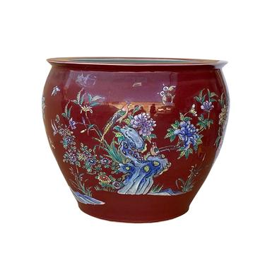 Chinese Oriental Vintage Porcelain Red Flower Birds Graphic Pot ws1601E 