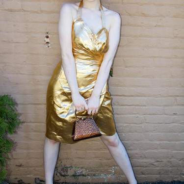 Gold lame halter outlet dress