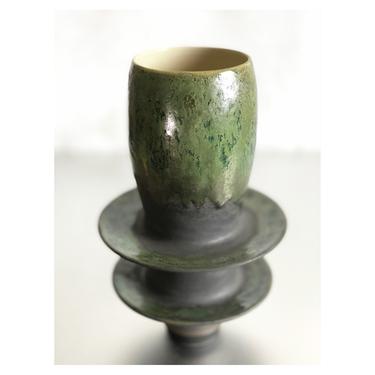 SHIPS NOW-  11.5&amp;quot; Stoneware Handmade Vase w Black Slate and Emerald Glaze. Sara Paloma Pottery. architectural pottery angular mid century 