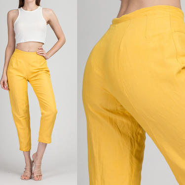 Vintage Yellow Linen High Waist Trousers - Small, 27&quot; | 80s 90s Benard Couture Tapered Leg Pants 