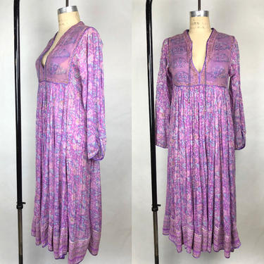 Vintage 1970s Light Lavender Indian Sheer Gauze Dress, Quilted Bodice Dress, Hippie Chic, Vintage Indian Dress, Size Sm/Med by Mo