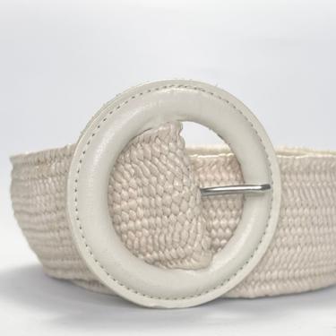 Vintage 1980s Coated Woven Cream Belt with Round Buckle Wide 