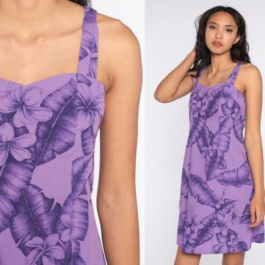 80s Tropical Dress Purple FLORAL Print Sundress Mini Hawaiian Dress Sweetheart Neckline Dress Print Vintage Sheath Extra Small xs 