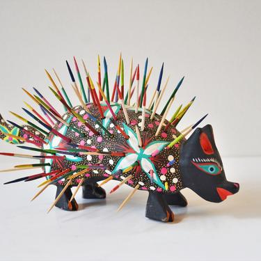 Hand Painted Alebrije Porcupine Folk Art Wood Carving by Andres Ramirez of Oaxaca, Mexico 