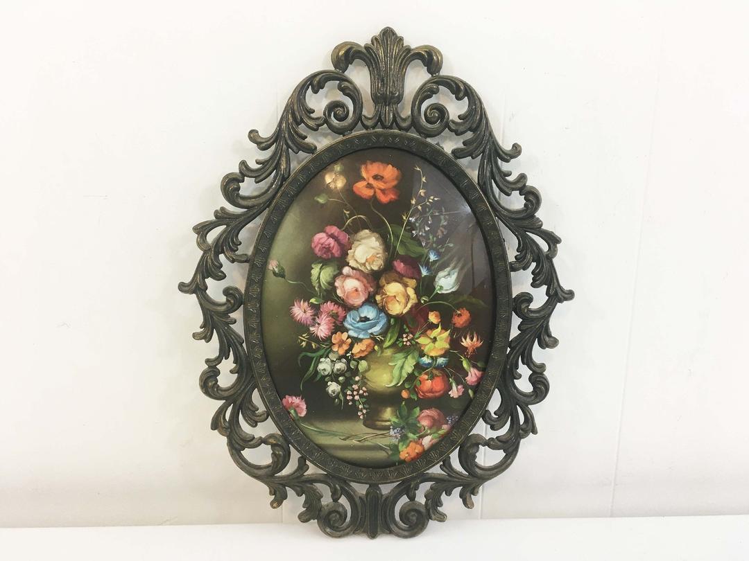 Vintage Oval Bubble Framed Flowers Ornate Metal Frame Made in Check