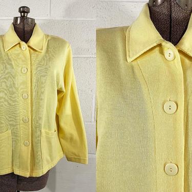 Vintage Yellow Cardigan Ribbed Knit Long Sleeve Sweater Button Front Buttons Basic Staple Capsule Winter Butter 1980s 80s Large XL XXL 