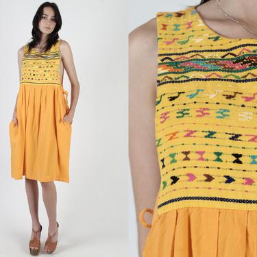 Vintage Marigold Guatemalan Dress / Yellow Cotton Mexican Pinafore Dress / Embroidered Side Tie Apron Mini Dress With Pockets 