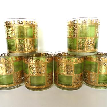 Set of 6 Culver Prado Rocks Glasses, Mid Century Modern Green And Gold Double Old Fashion Bar Glasses 