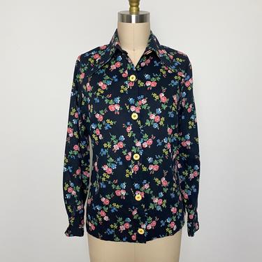 Vintage 1970s Floral Blouse 70s Navy Flowered Top Shirt 