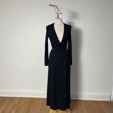 Vintage 1990s 2000s 90s Donna Karan Black Wrap Dress with Gold on Wrap Ties 