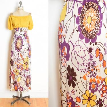 vintage 60s 70s dress yellow floral print peasant hippie boho long maxi S M psychedelic clothing 