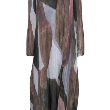 Wilfred by Aritzia - Grey, Brown &amp; Pink Watercolor Print Pleated Midi Dress Sz XXS