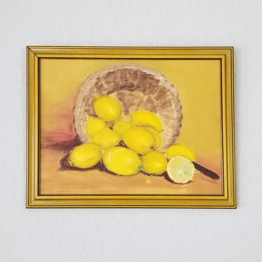 1960s Lemons Still Life Oil Painting by Gloria Puglin, Framed. 