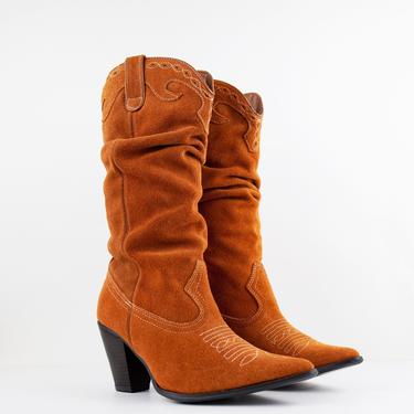 Vintage Rust Suede Slouchy Western Pointed Toe Heeled Tall Boots size 7 US Women's 
