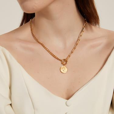 makenzie gold coin pendant chain necklace, coin chain necklace, gold chain necklace, coin necklace, medallion necklace, layering necklace 