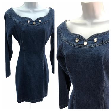 Vintage VTG 1980s 80s Dark Wash Denim Jeweled Bodycon Long Sleeve Dress 