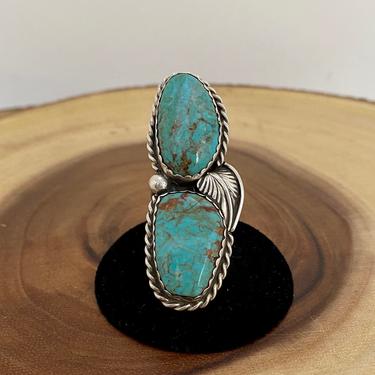 DOUBLE TEAM Vintage Silver & Turquoise Ring | 1970s Large Sterling Double Decker Ring | Western Native American Navajo Jewelry | Sz 7 3/4 