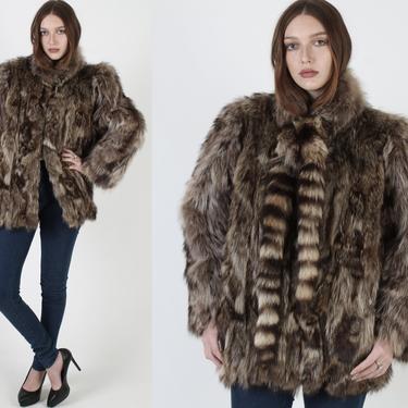 Shaggy Raccoon Fur Coat / Plush Long Tail Collar / Vintage 80s Authentic Raccoon Jacket / Natural Striped Removable Ties 