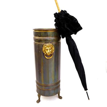 Umbrella Stand Vintage Solid Brass Porcelain Coal Scuttle and brass lions heads Umbrella brass Stand authentic