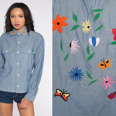 Embroidered Chambray Shirt 70s Hand EMBROIDERED Shirt 1970s Floral Cactus Butterfly Ladybug Bee Hippie Blue Long Sleeve Vintage Medium M 