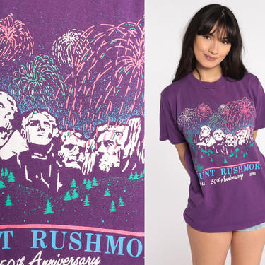 Mount Rushmore Shirt 1991 SOUTH DAKOTA Graphic Jerzees TShirt Black Hills intage Graphic Print Travel Tee Souvenir 90s Purple Small Medium 