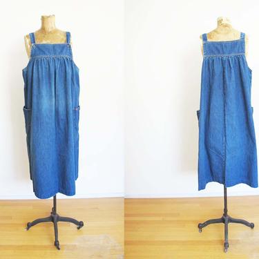 Vintage Denim Pinafore Dress M - Blue Jean Overall Dress - Denim Midi Dress - Sleeveless - 80s Clothing - Vintage Lee - Square Neck 
